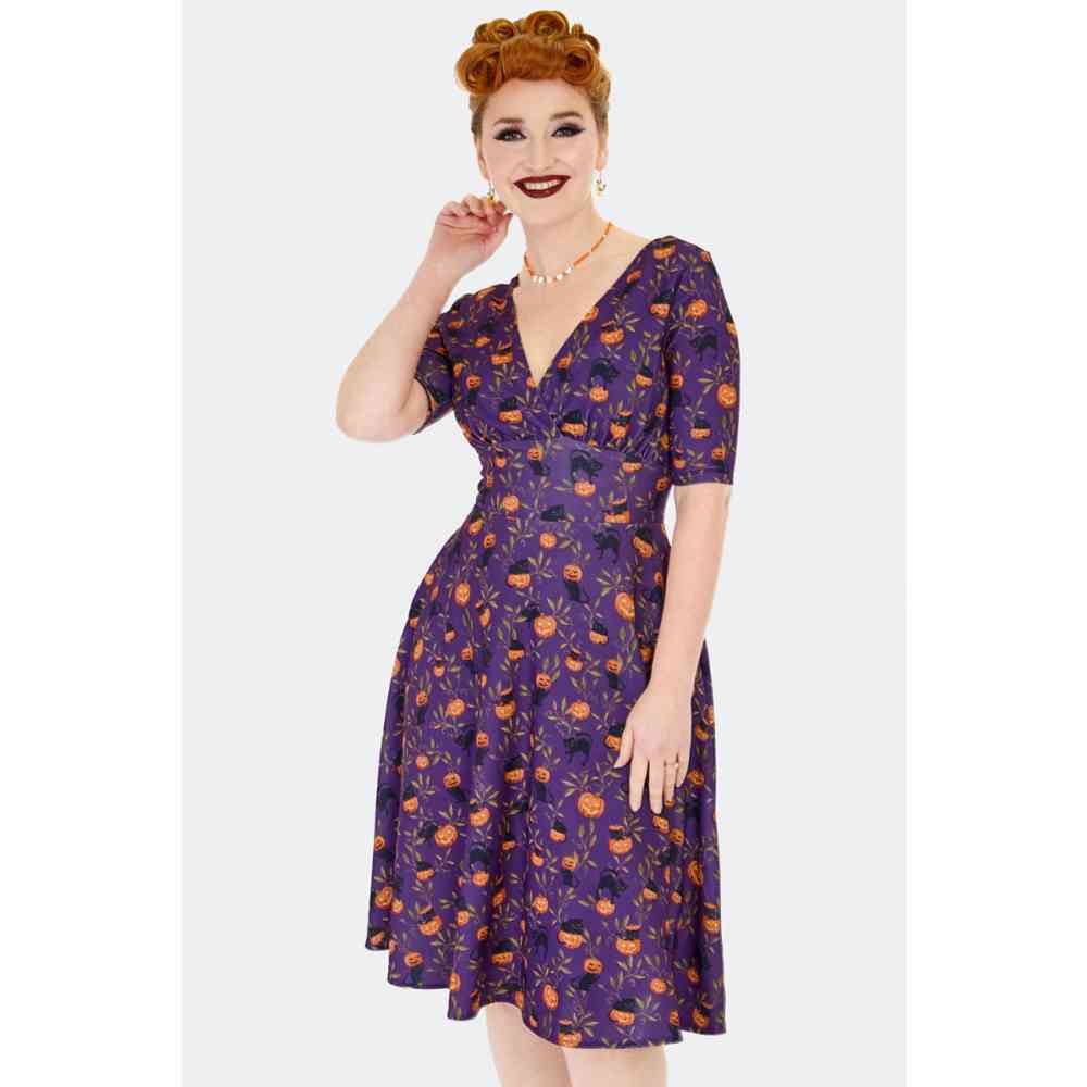 Voodoo Vixen - Cat And Pumpkin Print Flare jurk - Paars
